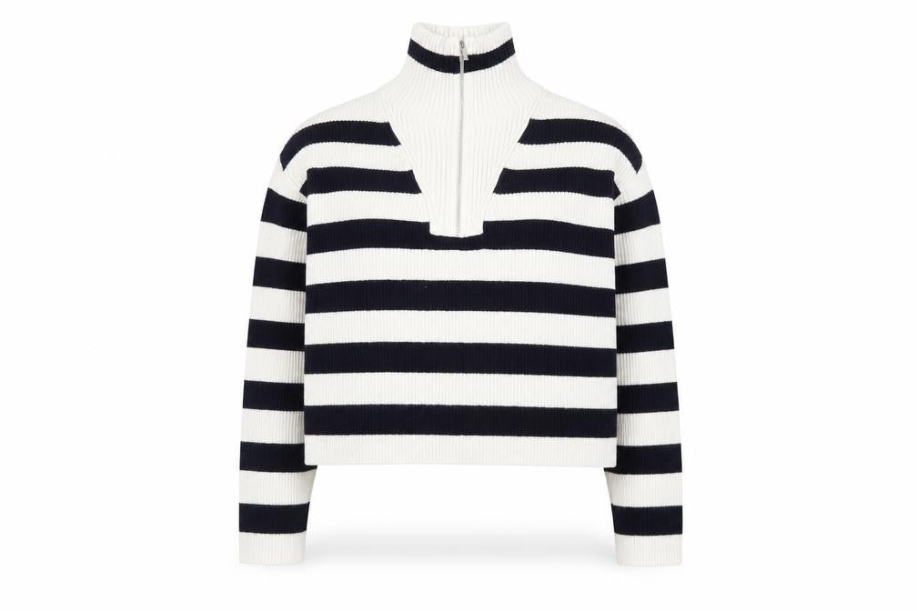 Mango Women's Black & White Striped High Neck Zip Jumper Size L