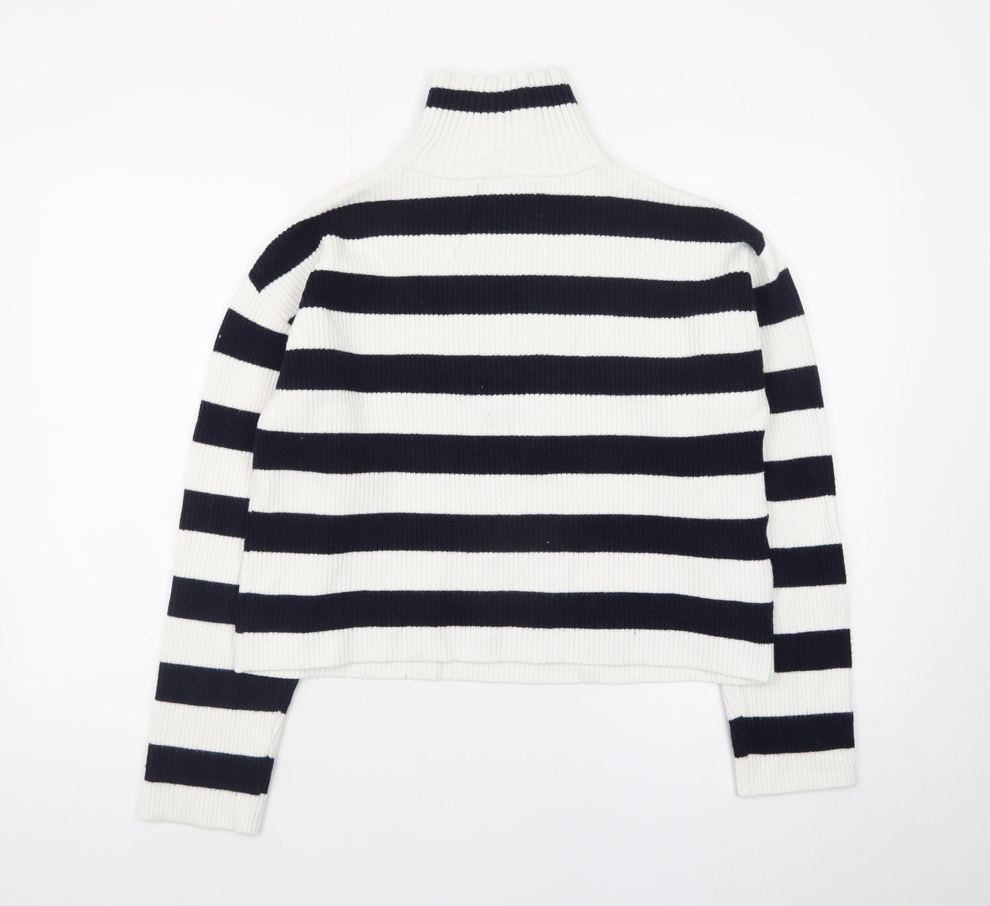 MNG Women's Black & White Striped High Neck Zip Jumper Size L