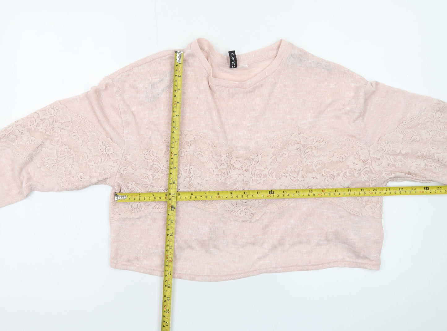 H&M Women Pink Lace Crew Neck Long Sleeve Knit Pullover Jumper Size M