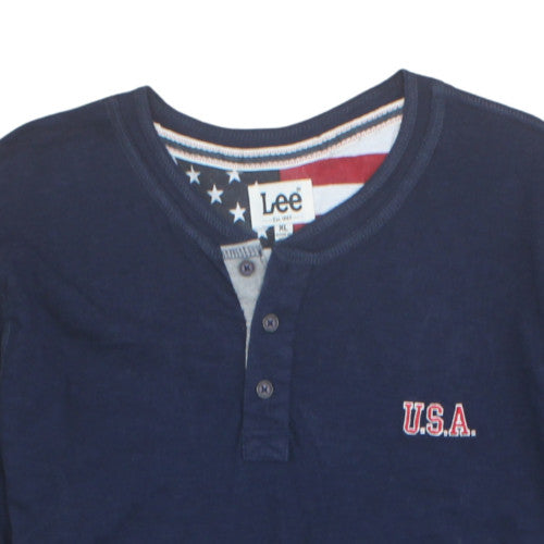Lee Men's Blue USA Henley Polo Shirt XL Cotton Short Sleeve