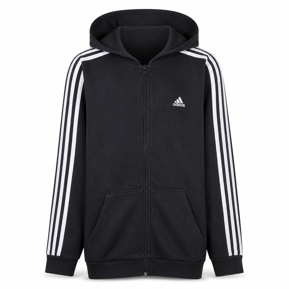 Front view of Adidas boys’ black full zip hoodie 15-16 years classic sportswear
