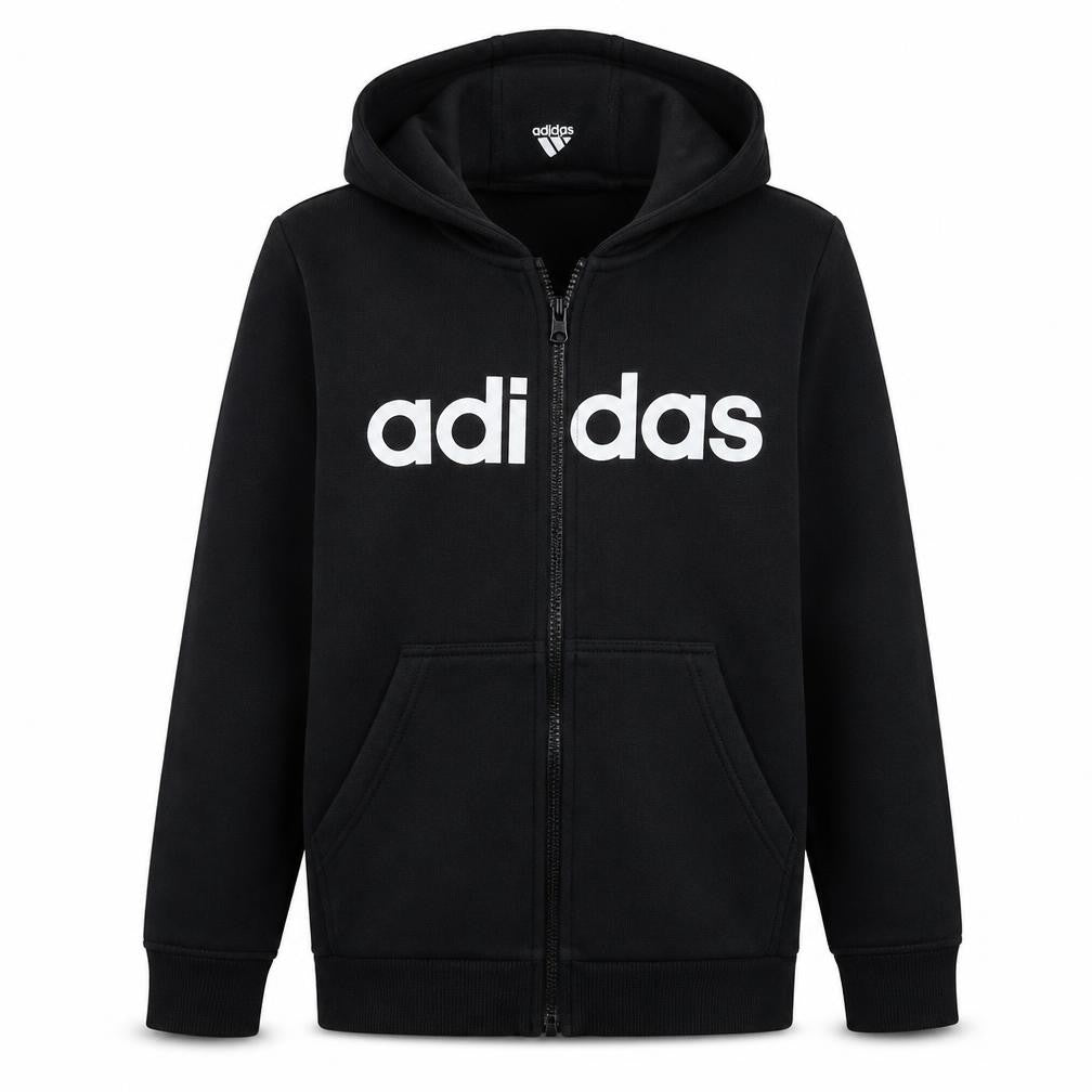 Front view of adidas boys’ black full zip hoodie 13-14 years fleece sportswear