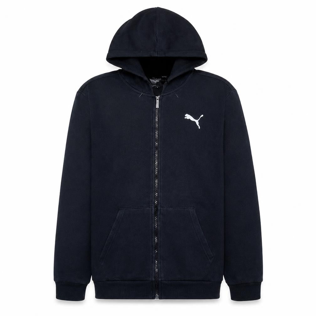 Front view of Puma men’s black full zip hoodie, size L, sports fleece sweatshirt