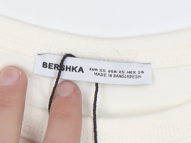 Bershka Women Ivory Cropped Long Sleeve Arizona T-Shirt XS