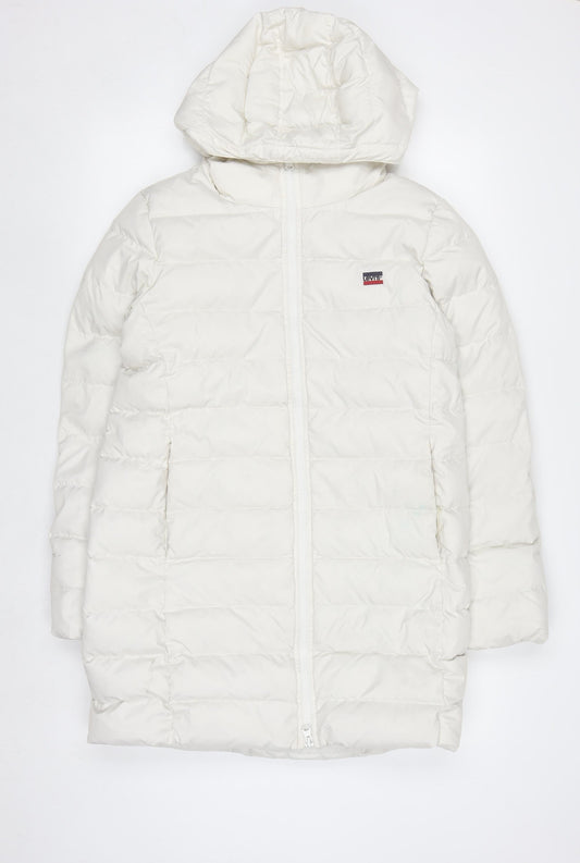 Levi's Women's White Long Puffer Down Coat Size S Hooded Winter Jacket
