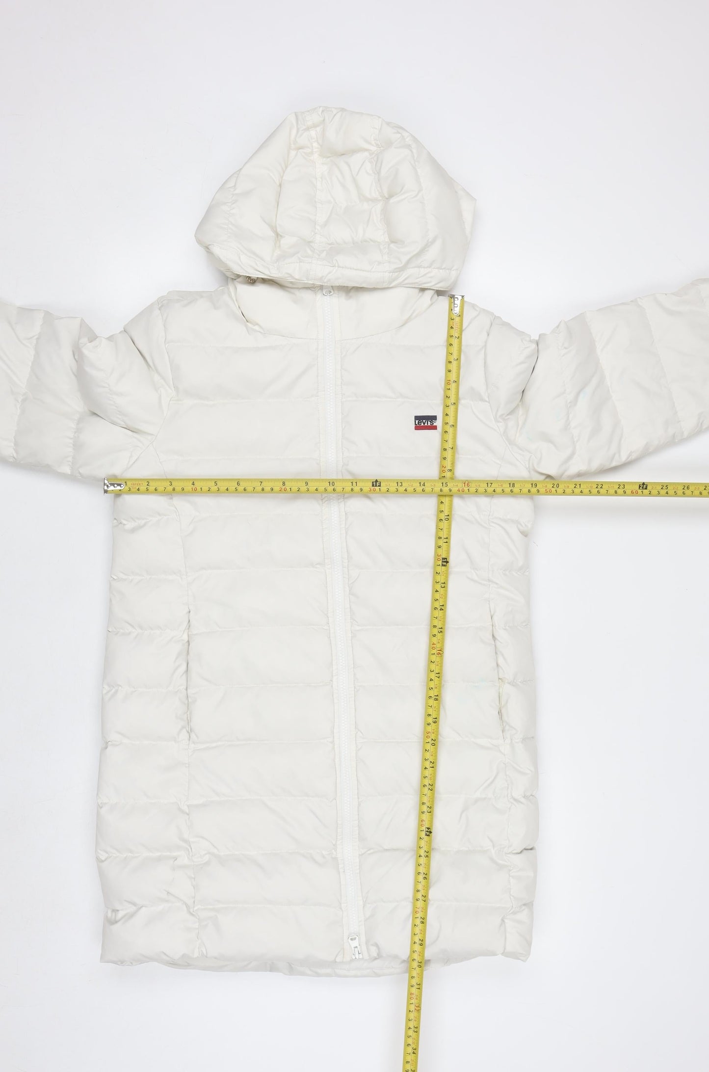 Levi's Women's White Long Puffer Down Coat Size S Hooded Winter Jacket