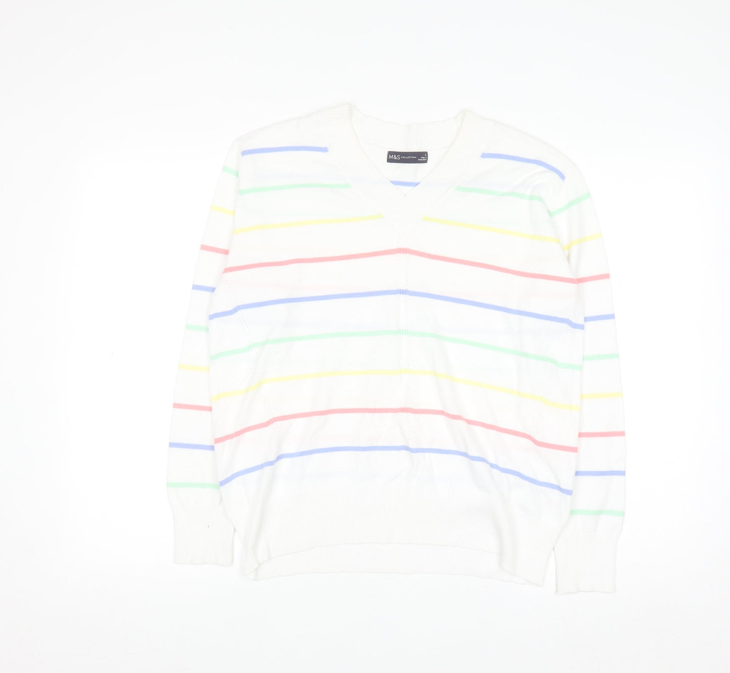 Marks and Spencer Women’s Multicoloured Stripe V-Neck Cotton Jumper S