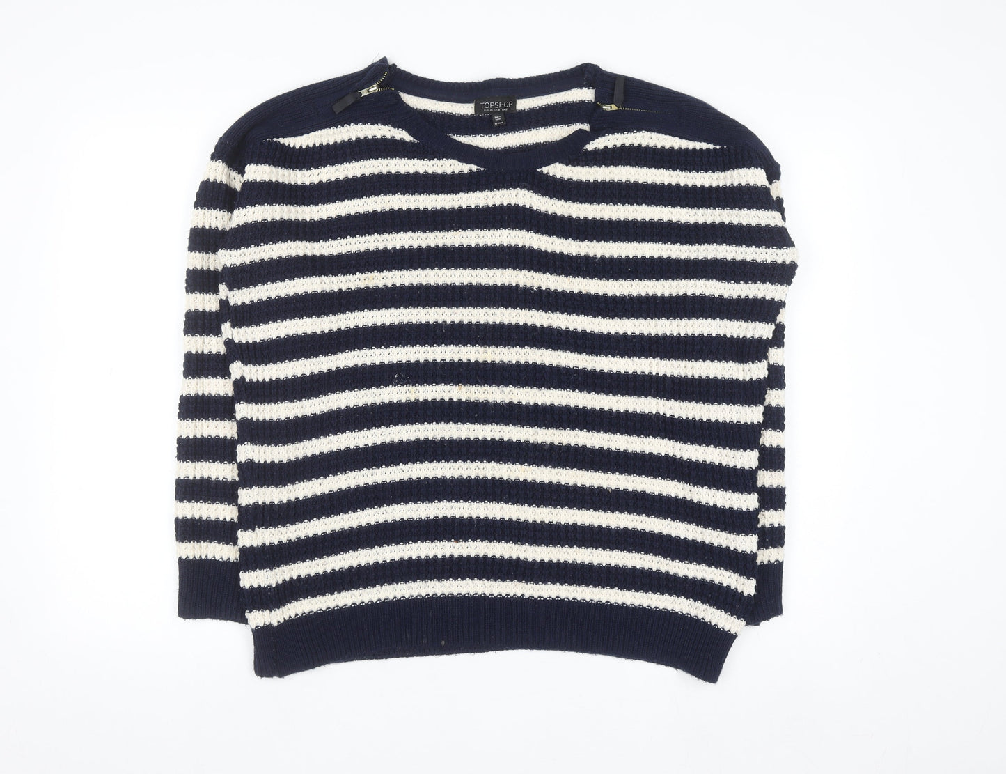 Topshop Women's Blue Striped Open-Knit Boat Neck Jumper Size 12
