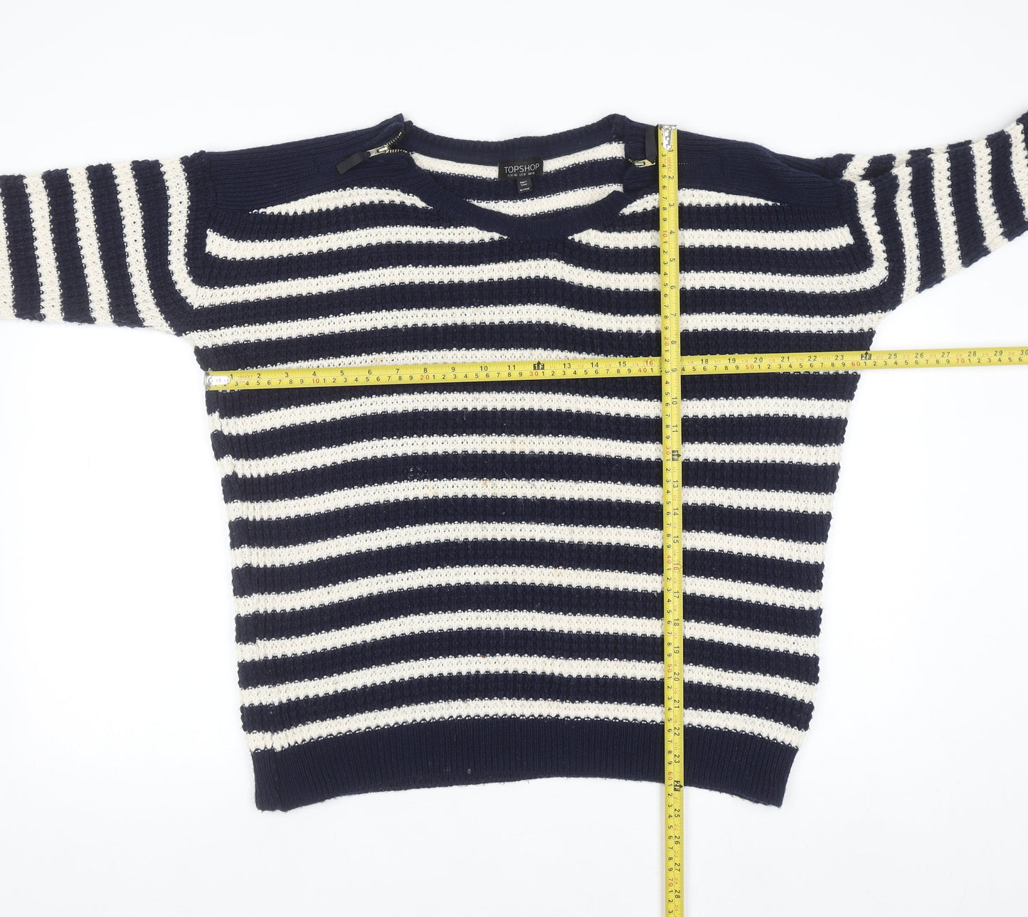 Topshop Women's Blue Striped Open-Knit Boat Neck Jumper Size 12
