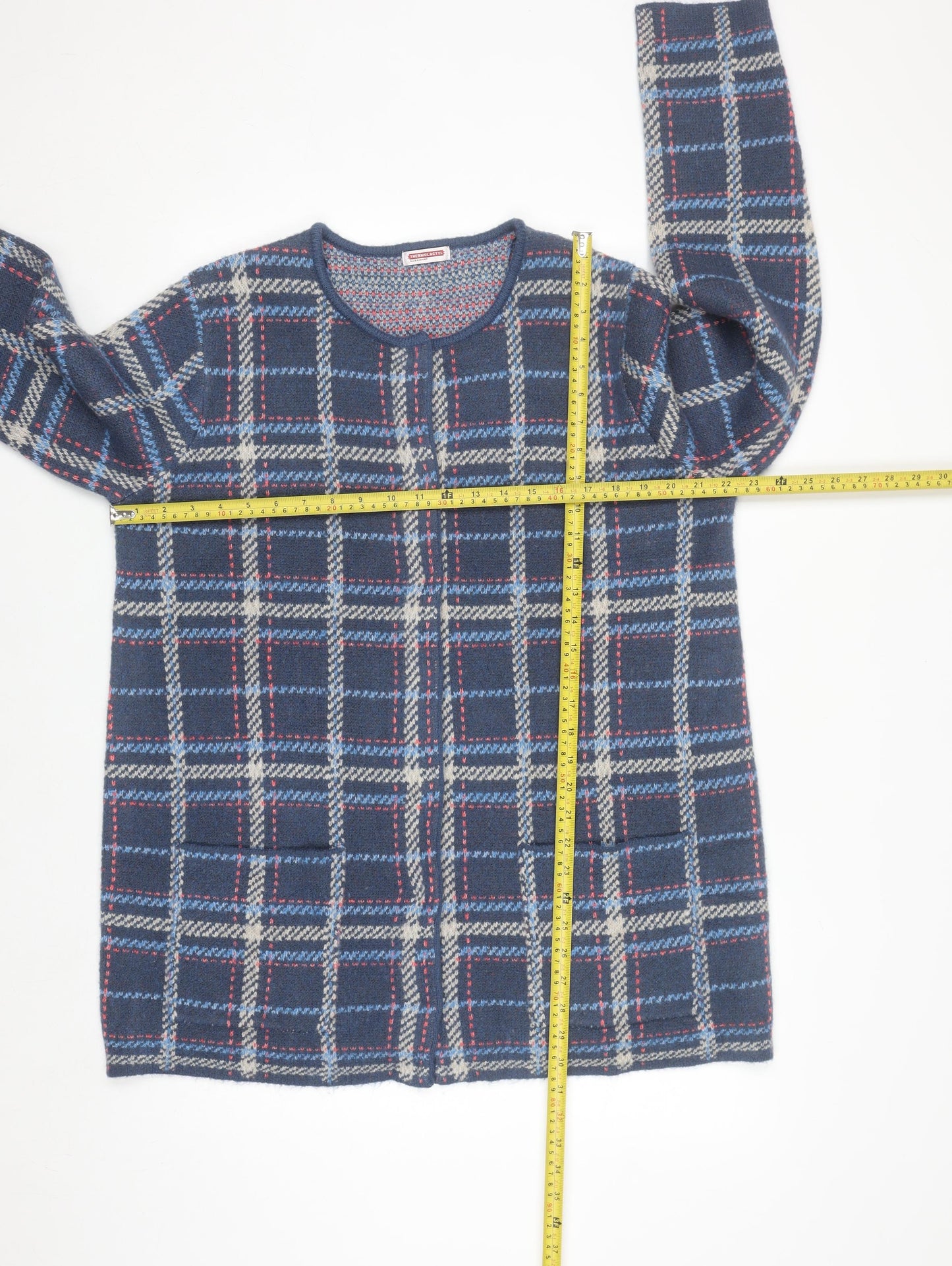 Damart Men's Blue Check Knit Cardigan L Classic Crew Neck