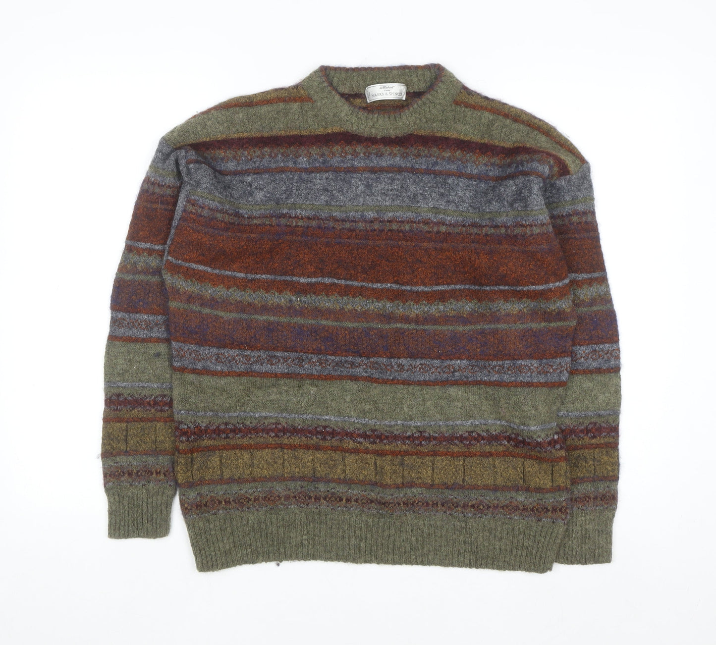 Marks and Spencer Men's Green Striped Wool Blend Pullover Jumper M