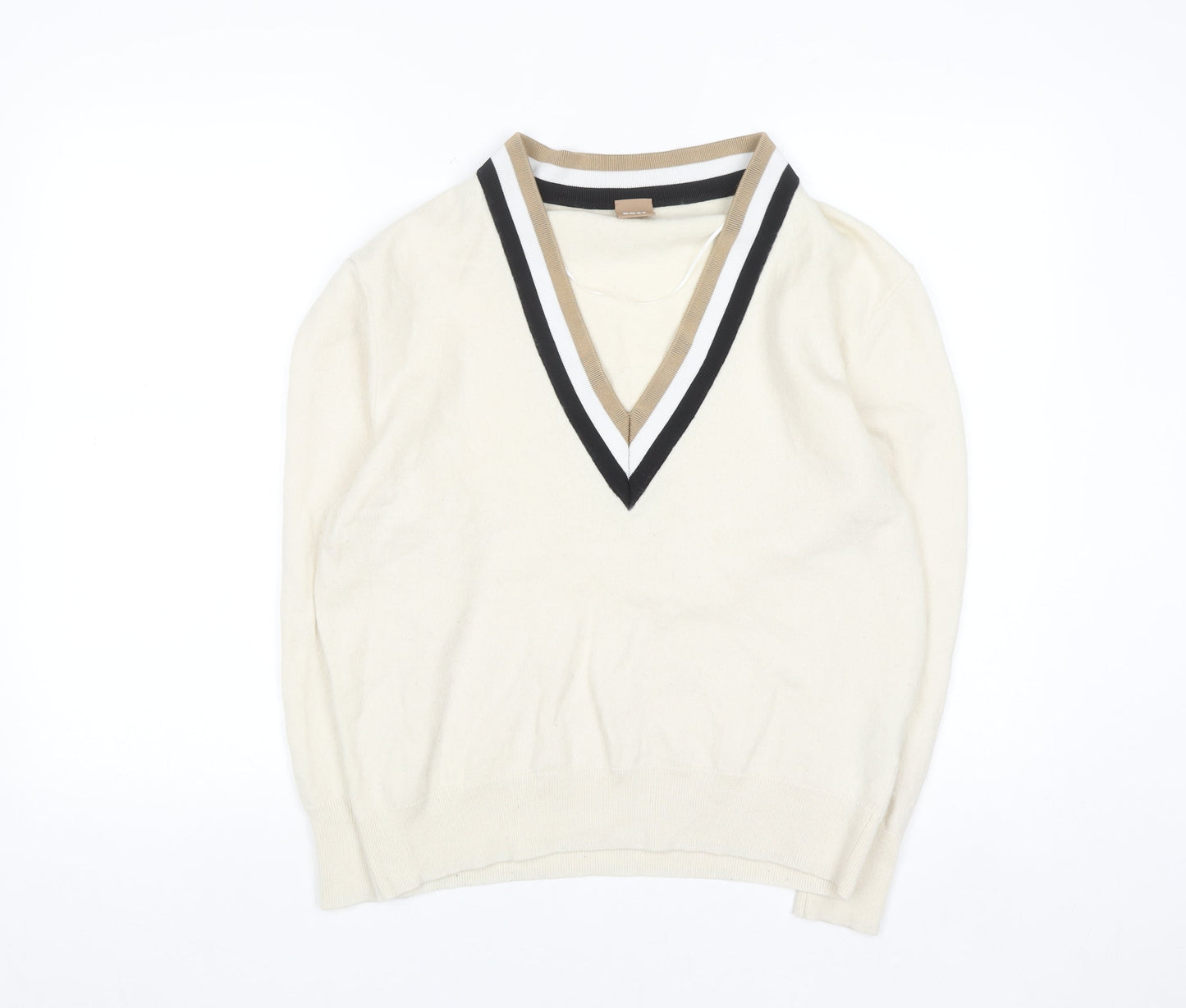 BOSS Men’s Ivory V-Neck Wool Cashmere Jumper Size M