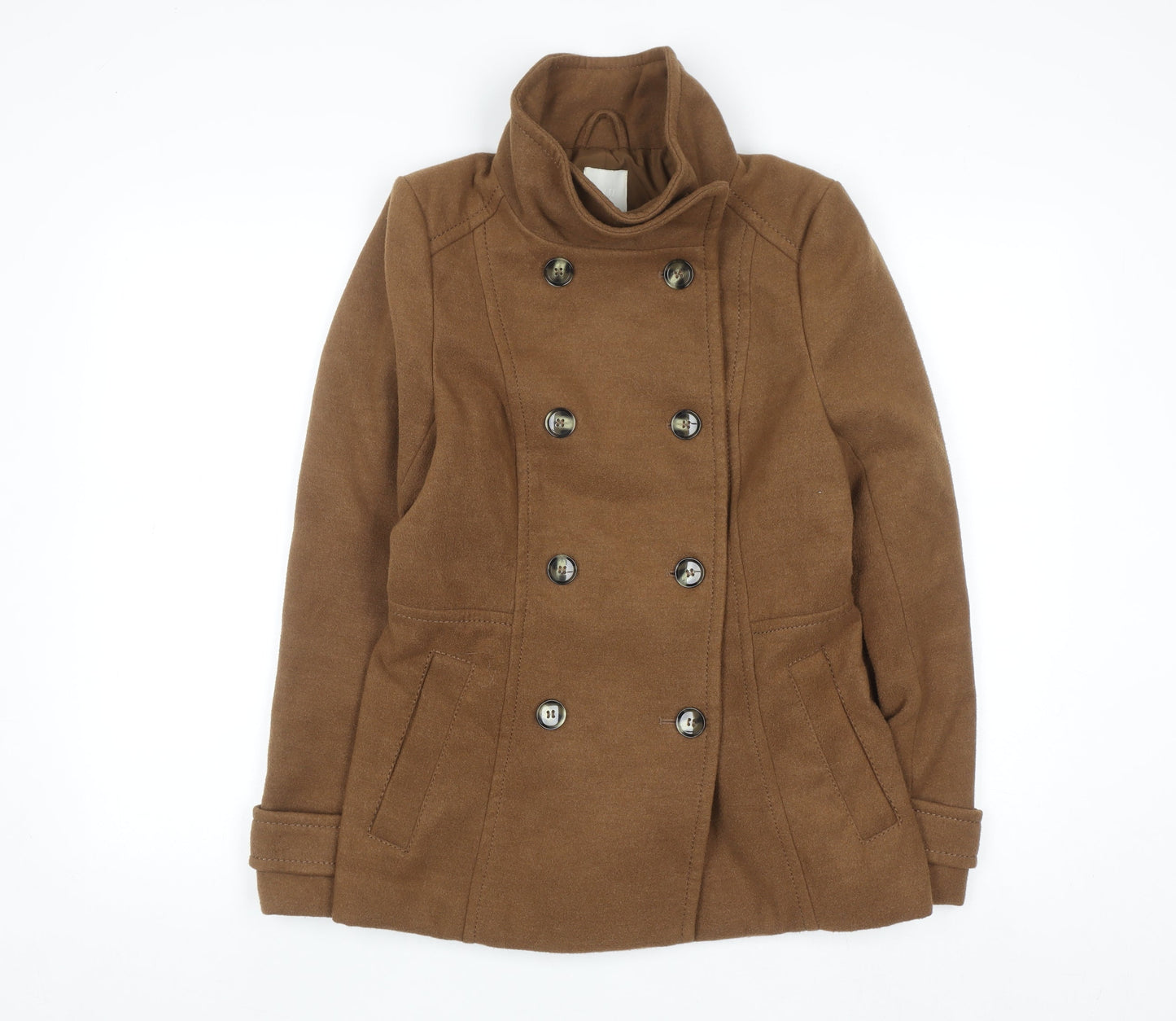 H&M Womens Brown Pea Coat Size 8 Double Breasted Lined Jacket