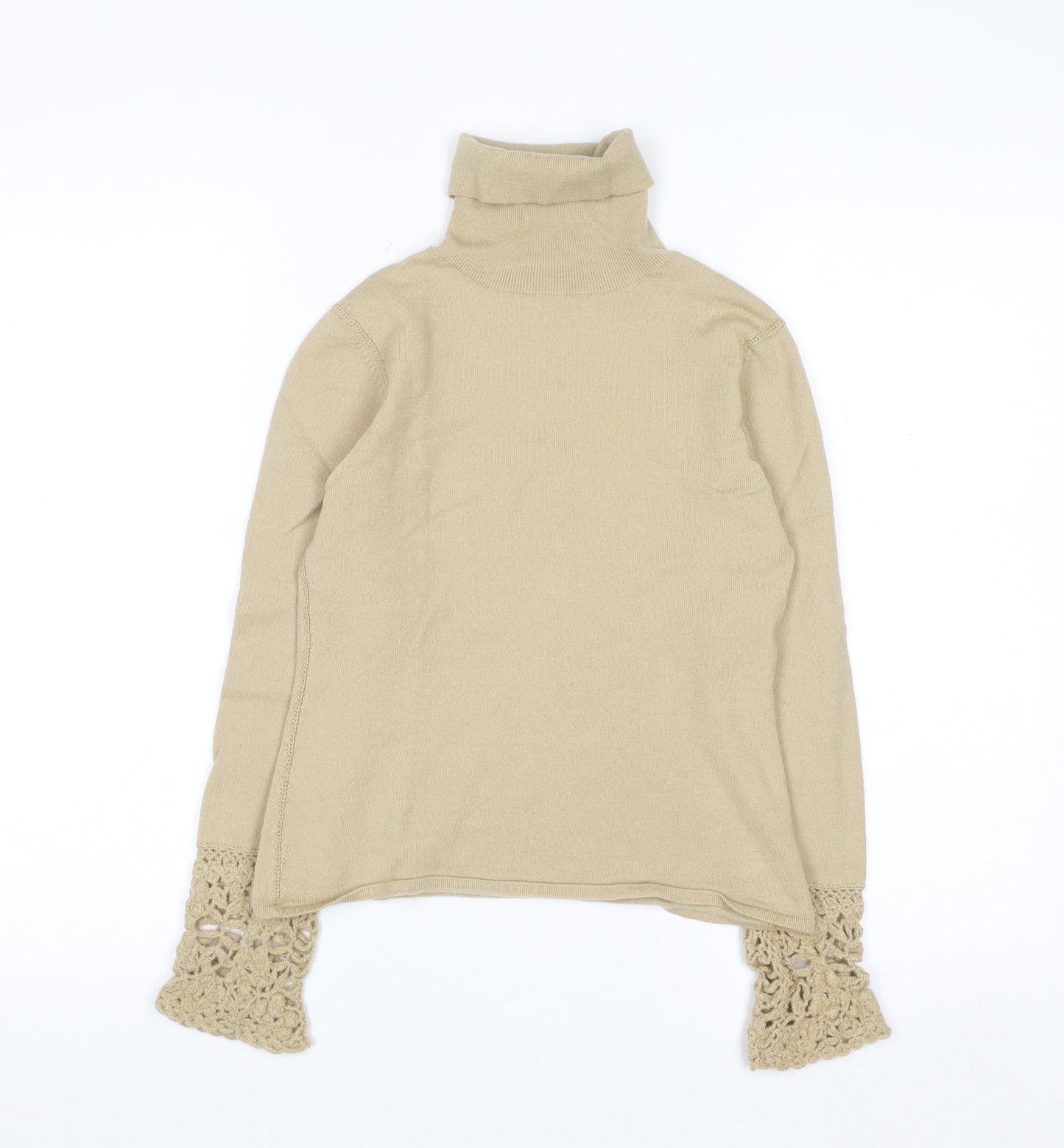 Karen Millen Women's Beige Wool Roll Neck Crochet Cuff Jumper Size 8