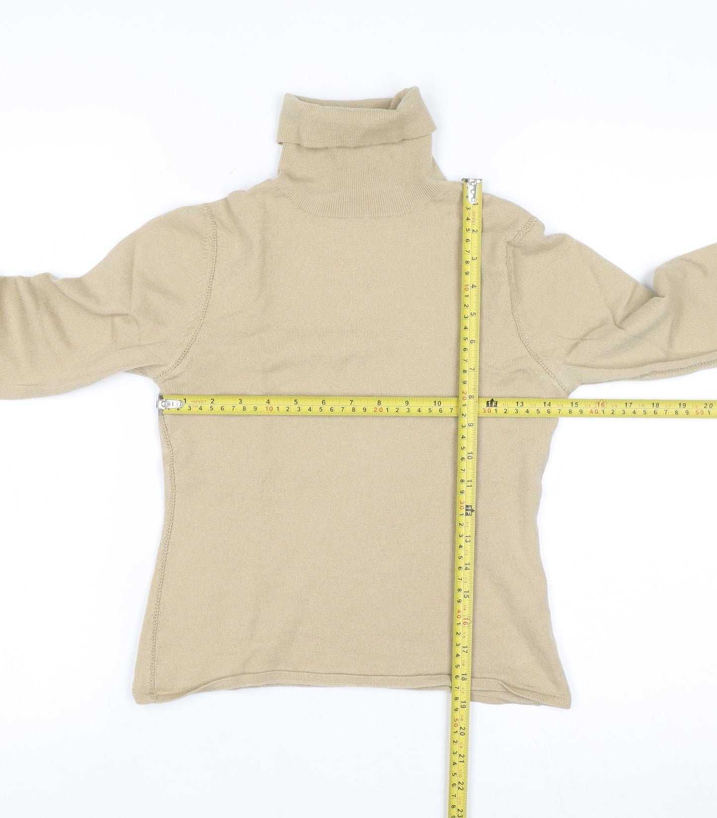 Karen Millen Women's Beige Wool Roll Neck Crochet Cuff Jumper Size 8