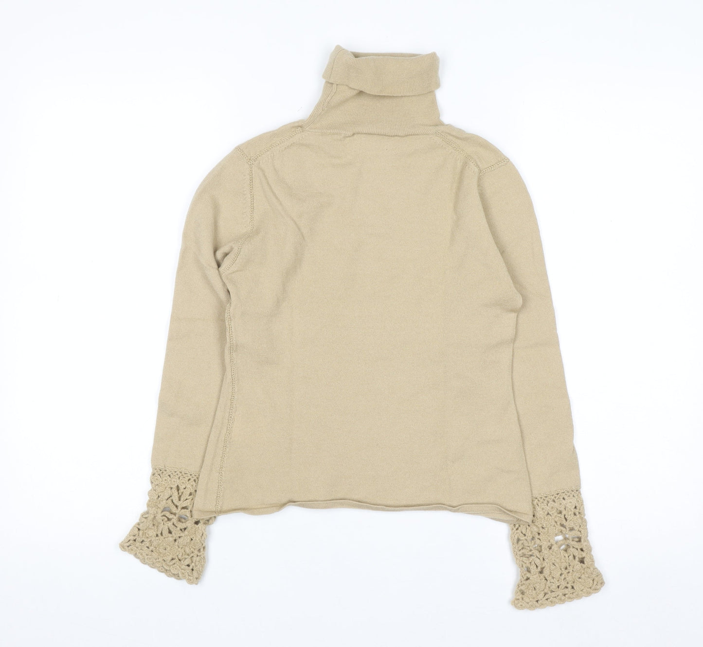 Karen Millen Women's Beige Wool Roll Neck Crochet Cuff Jumper Size 8