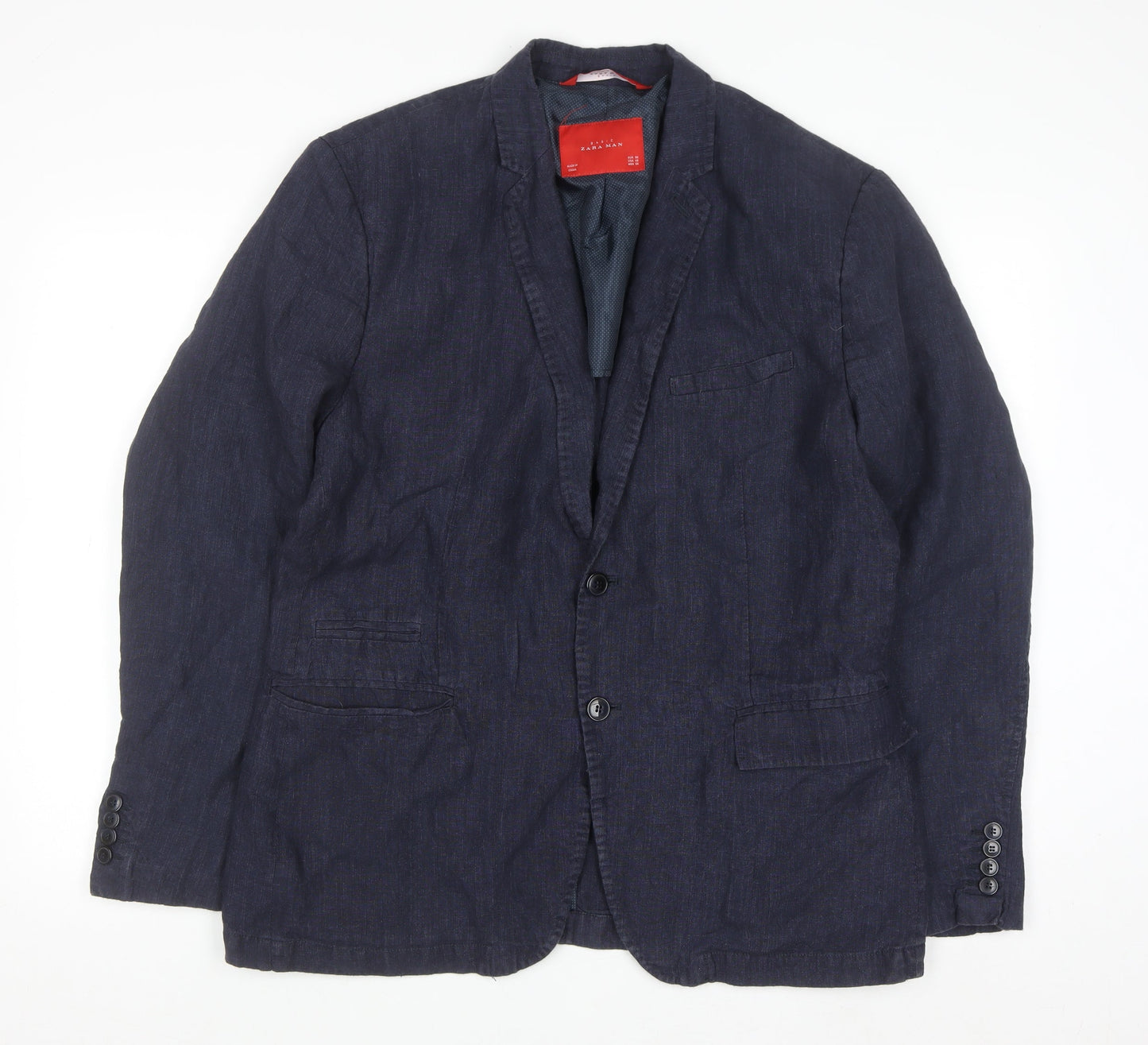 Zara Man Blue Linen Blazer Jacket Men 2XL Regular Fit