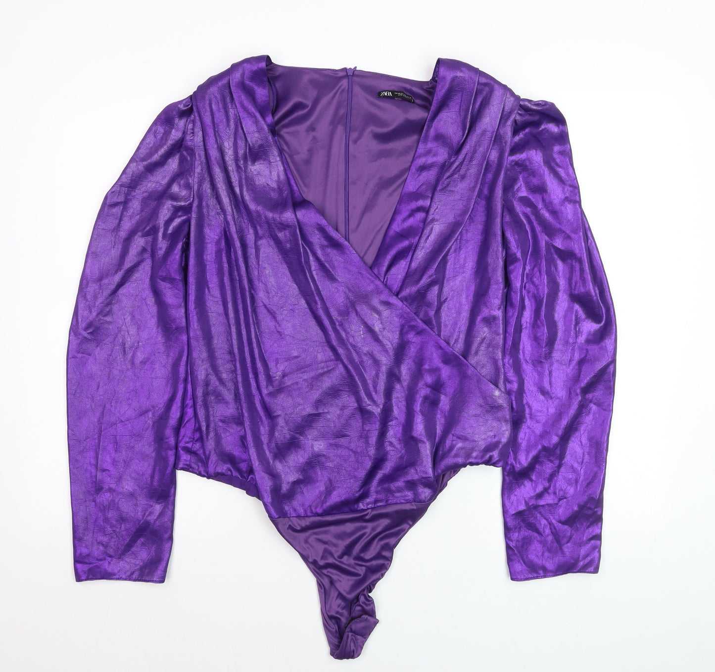 Zara Women Purple Wrap Bodysuit Top XXL Long Sleeve Polyester