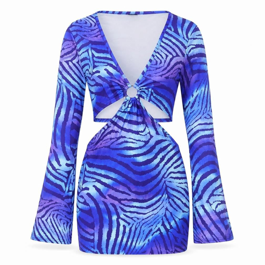Fearlesss Women Blue Animal Print Bodycon Cut Out Dress Size S