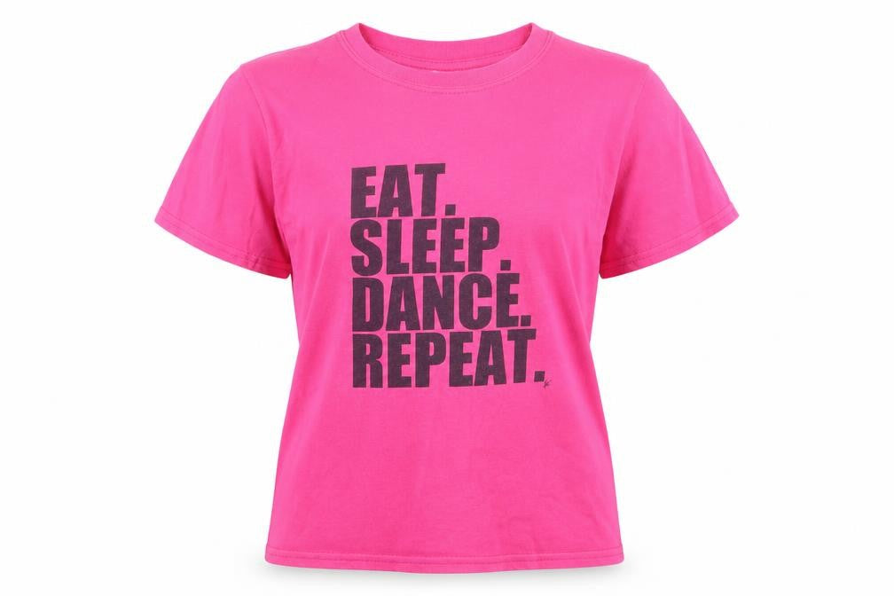 Front view of Gildan girls’ pink graphic cotton t-shirt youth large eat sleep dance repeat
