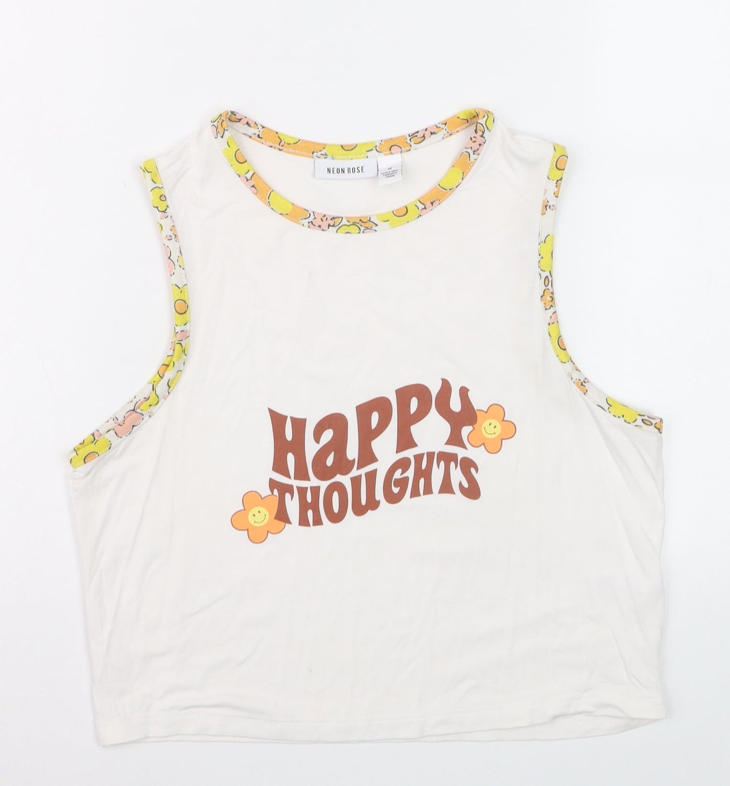 Neon Rose Womens White Cropped Tank Top M Retro Flower Print