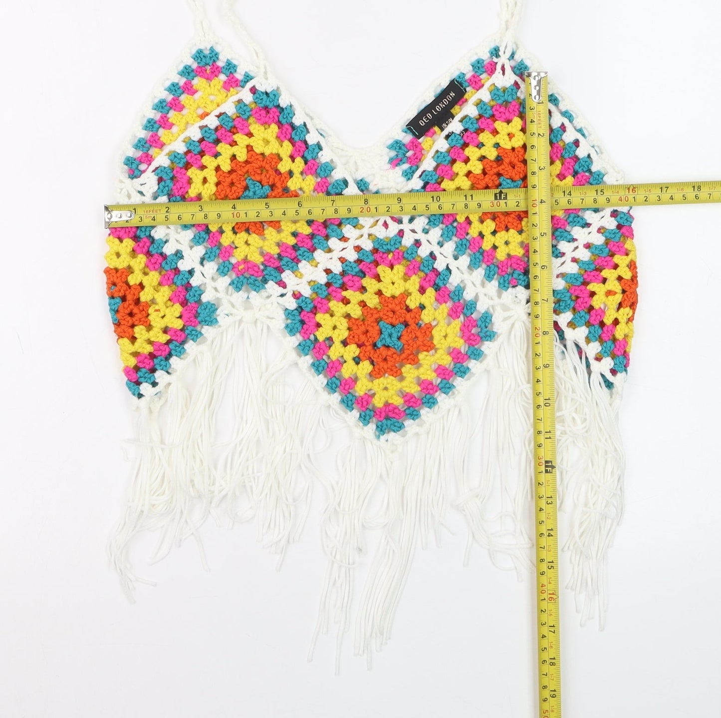QED London Women’s Multicoloured Crochet Fringe Camisole Top S