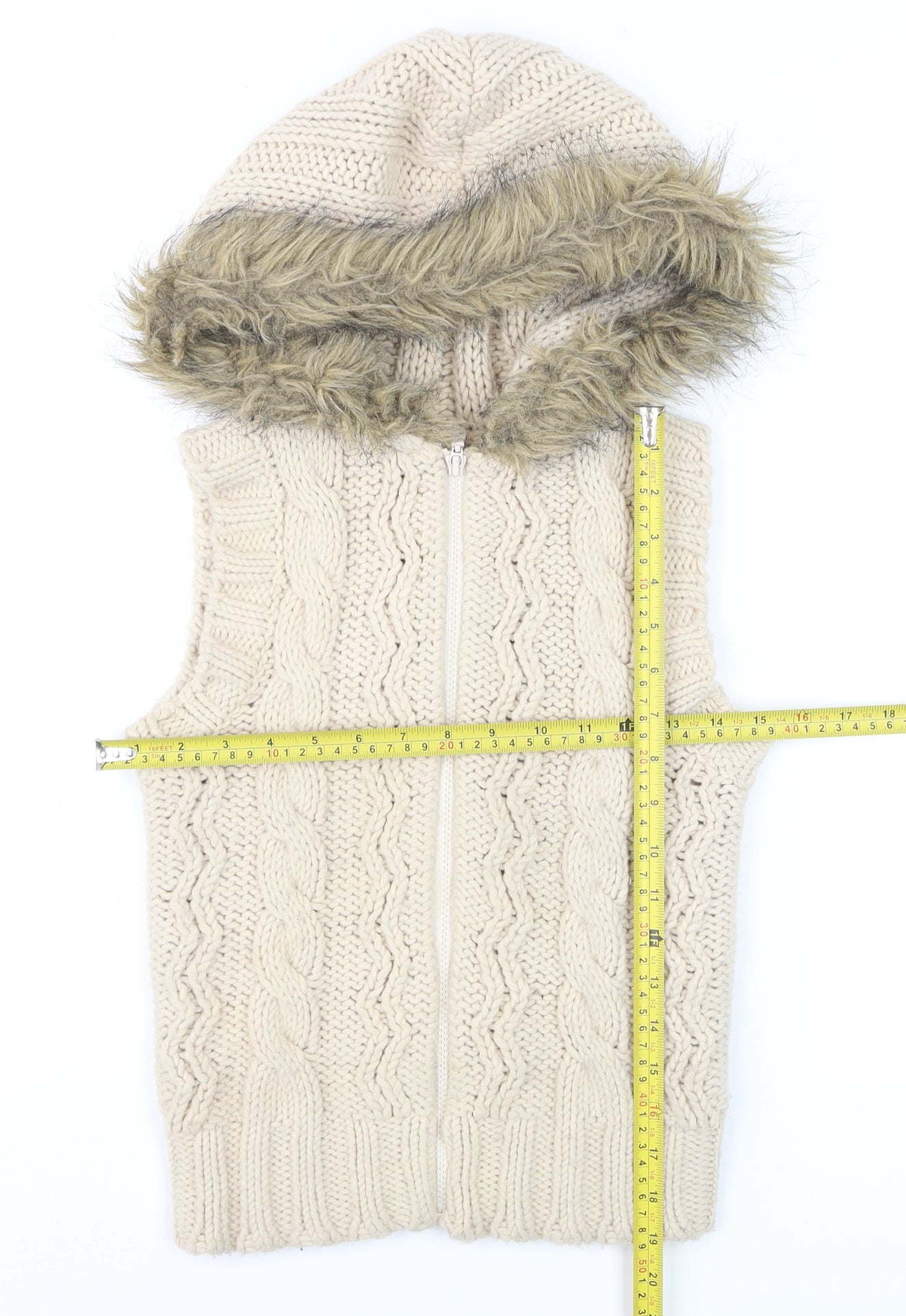 Topshop Womens Beige Knit Hooded Fur Trim Waistcoat Size 8