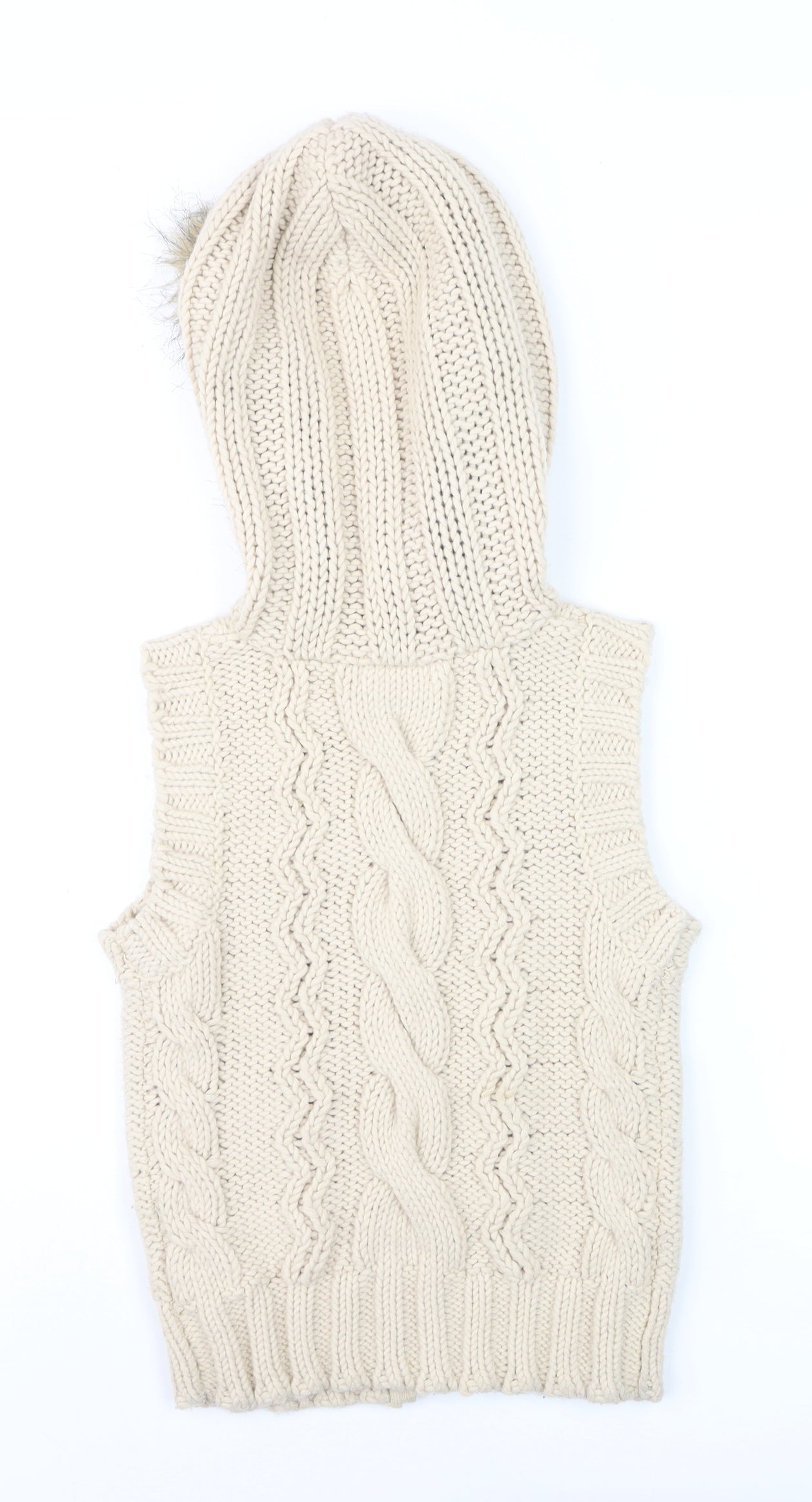Topshop Womens Beige Knit Hooded Fur Trim Waistcoat Size 8