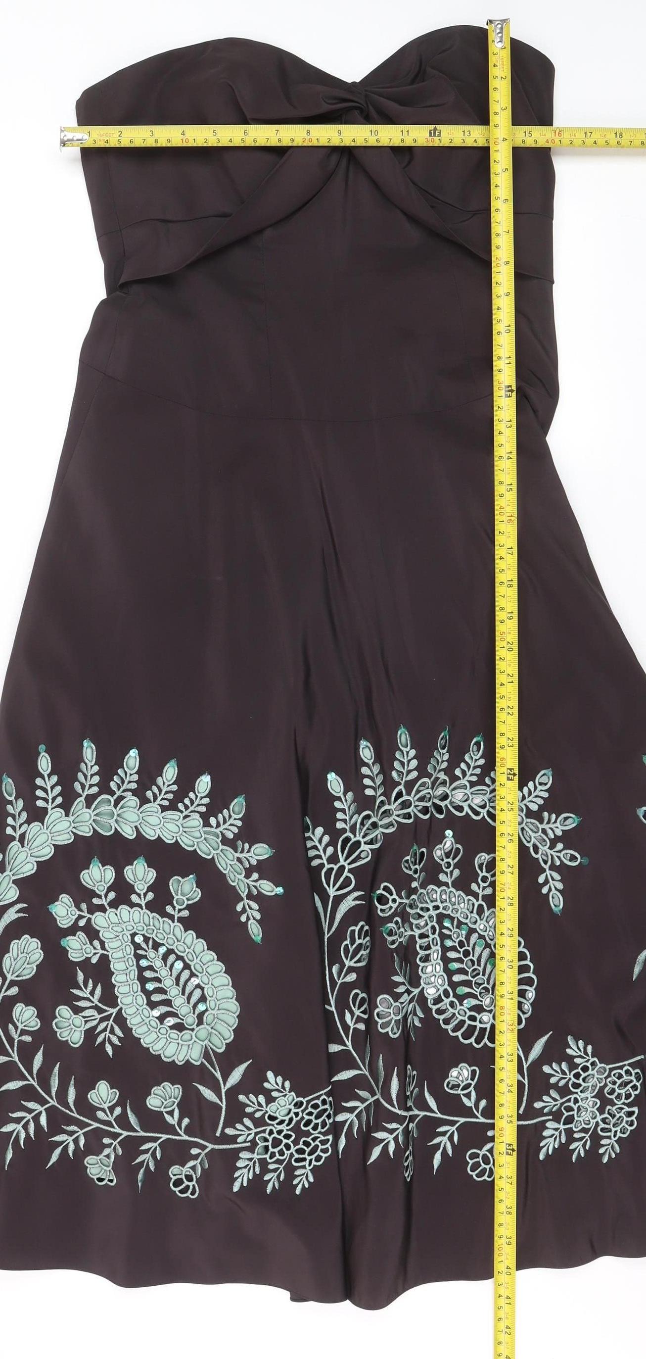 Monsoon Women Brown Embroidered Strapless A-Line Dress Size 12