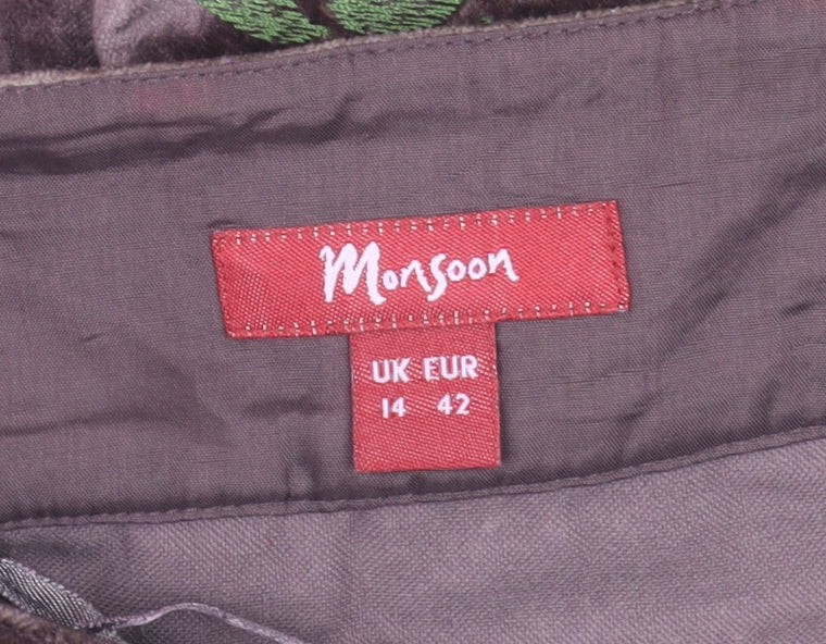 Monsoon Womens Brown Velvet A-Line Embroidered Skirt Size 14