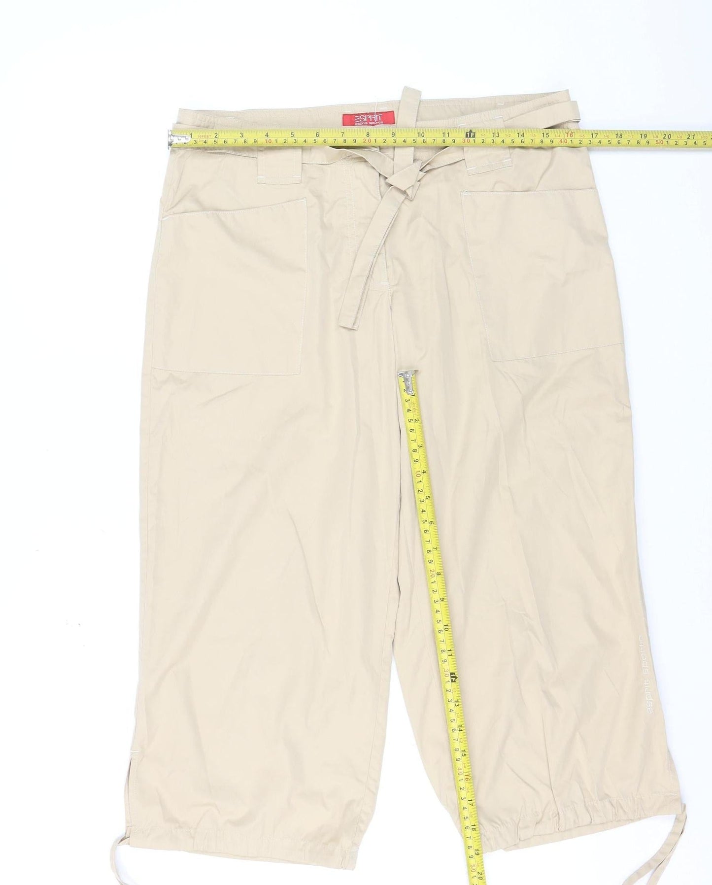 Esprit Women Beige Capri Trousers Size 14 Belted Lightweight Casual