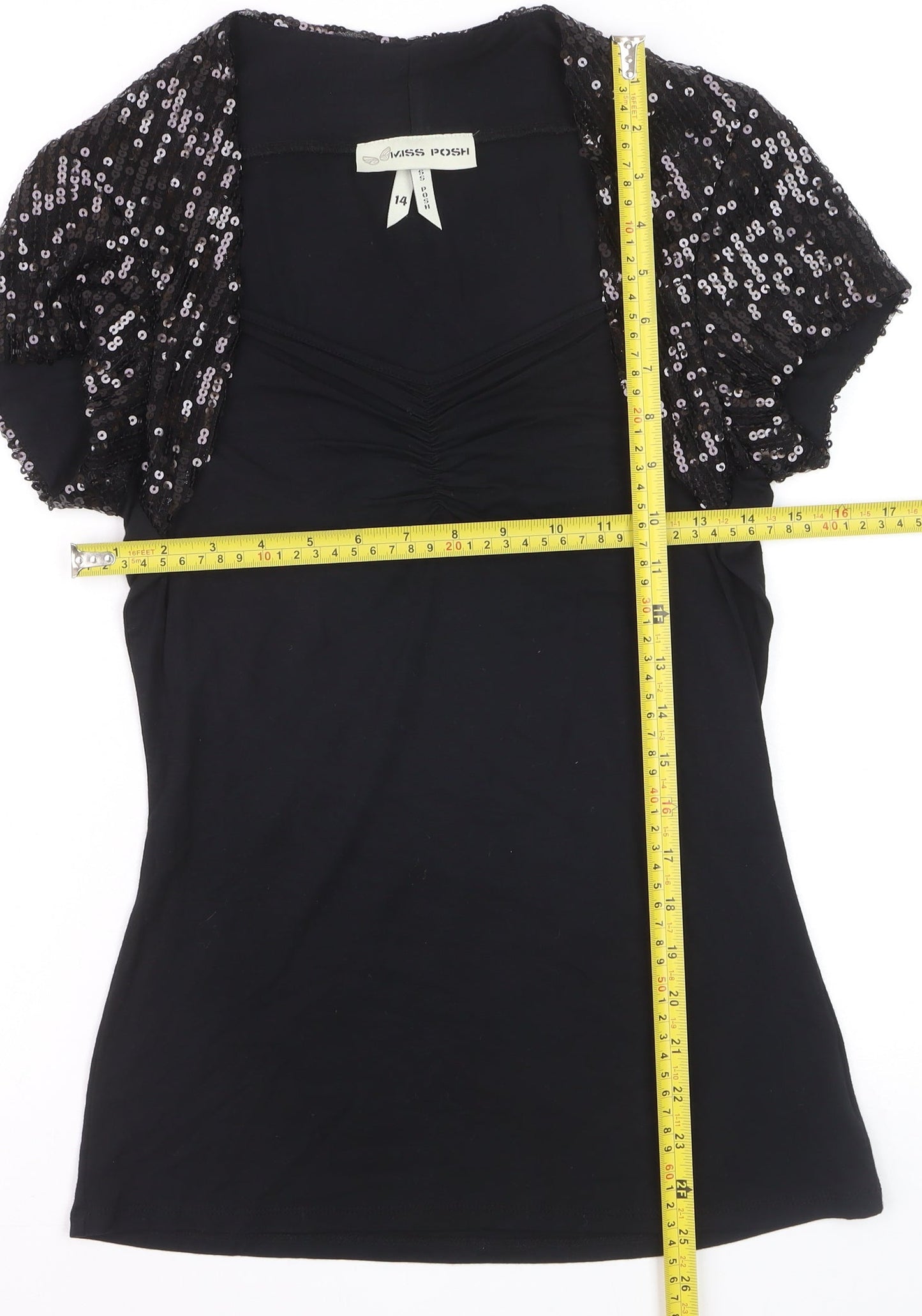Miss Posh Women’s Black Sequin Short Sleeve V-Neck Party Top Size 14