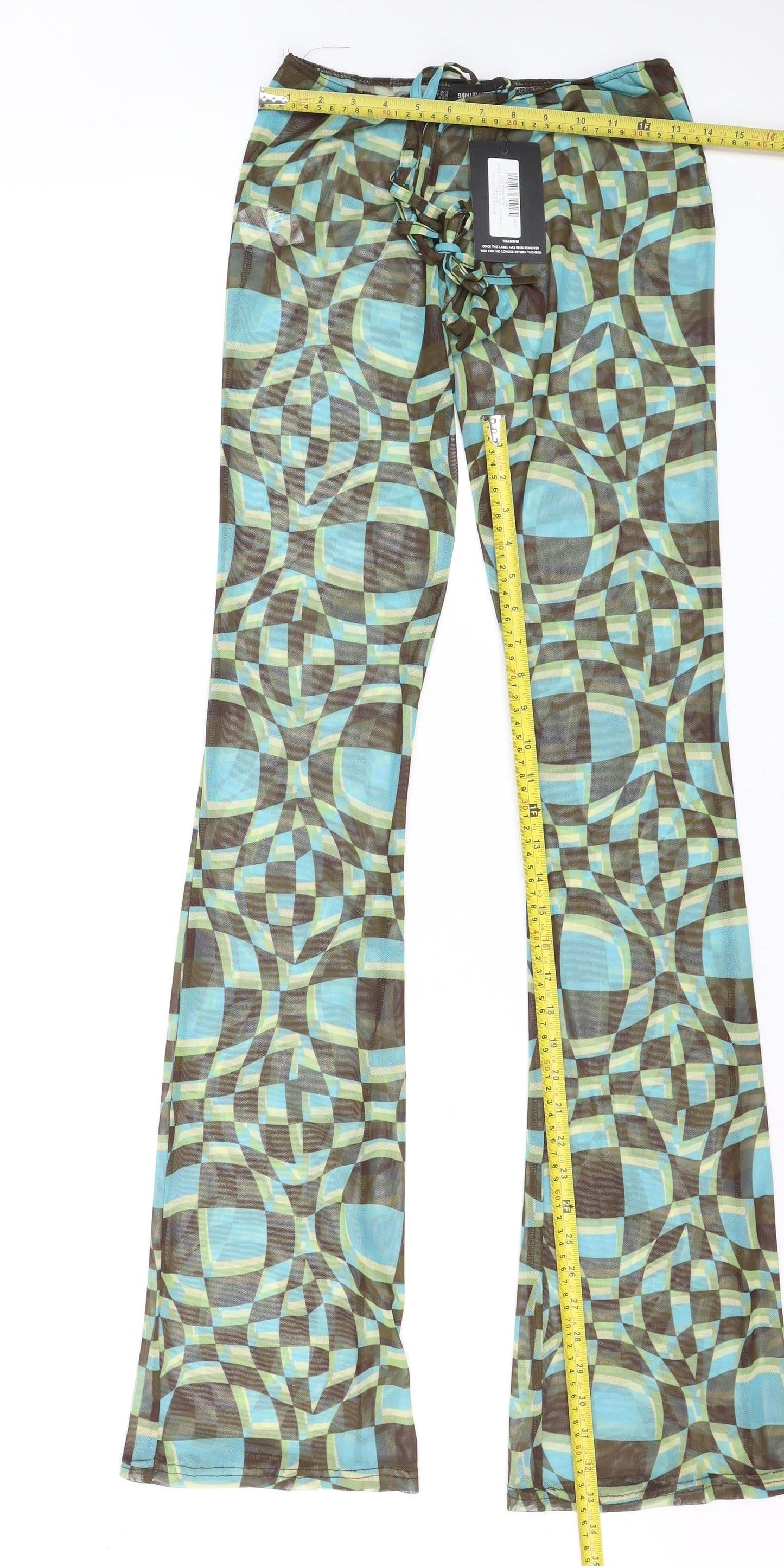PrettyLittleThing Women Green Geometric Mesh Flared Trousers Size 8