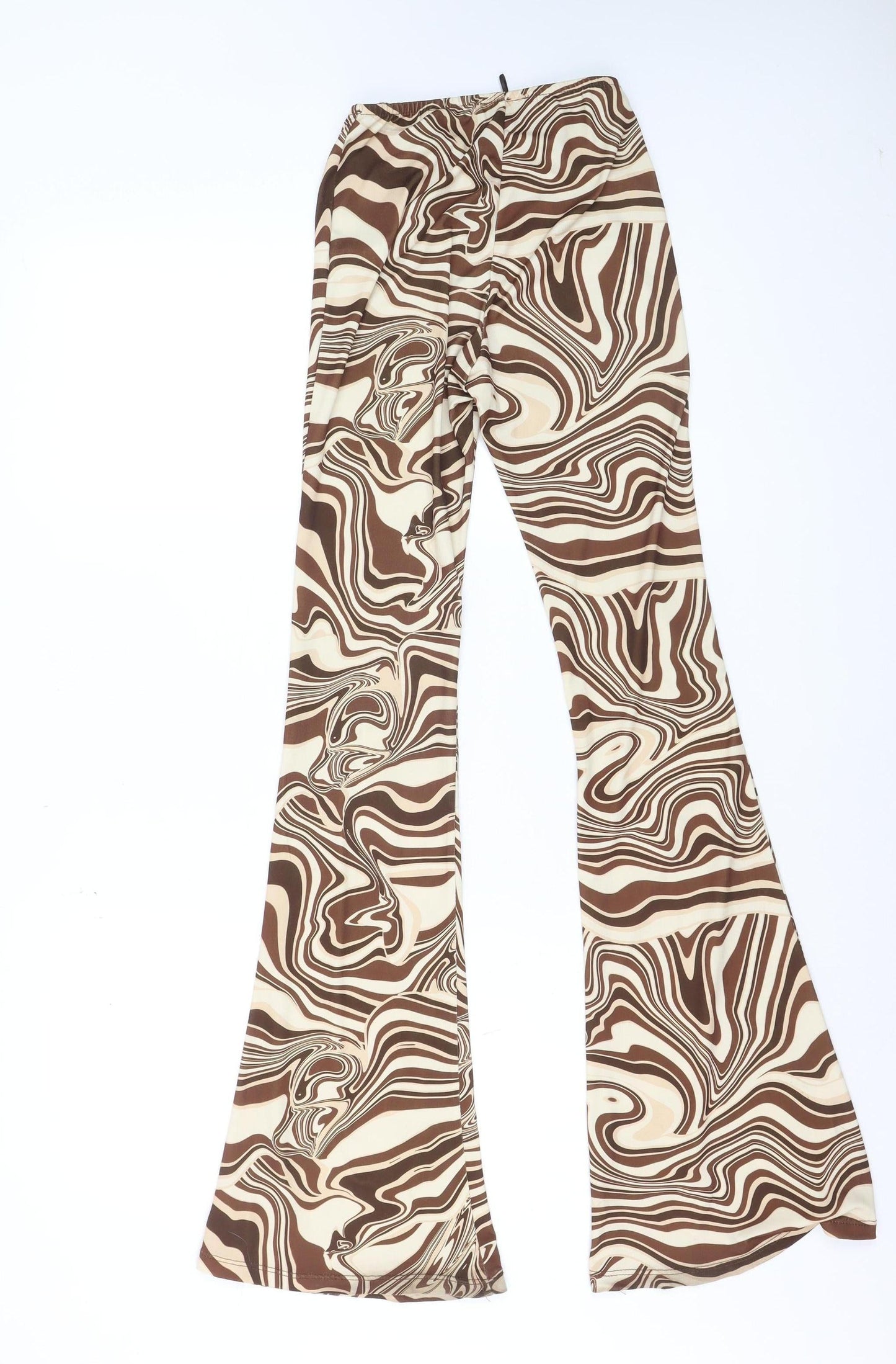 Bershka Women Brown Flared Trousers XS Retro Geometric Stretch