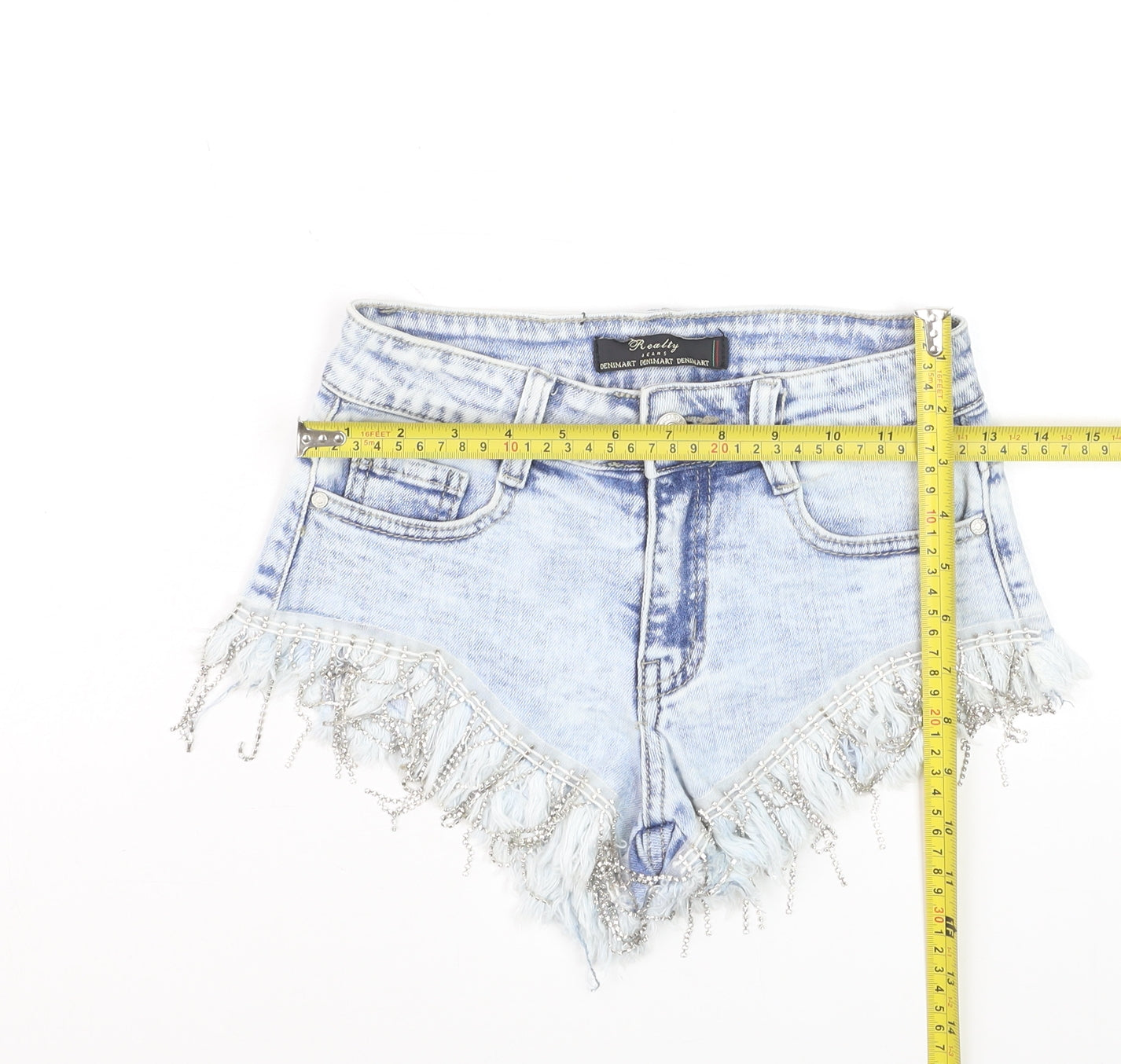 Realty Jeans Women Blue Denim Hot Pants XS Fringe Embellished