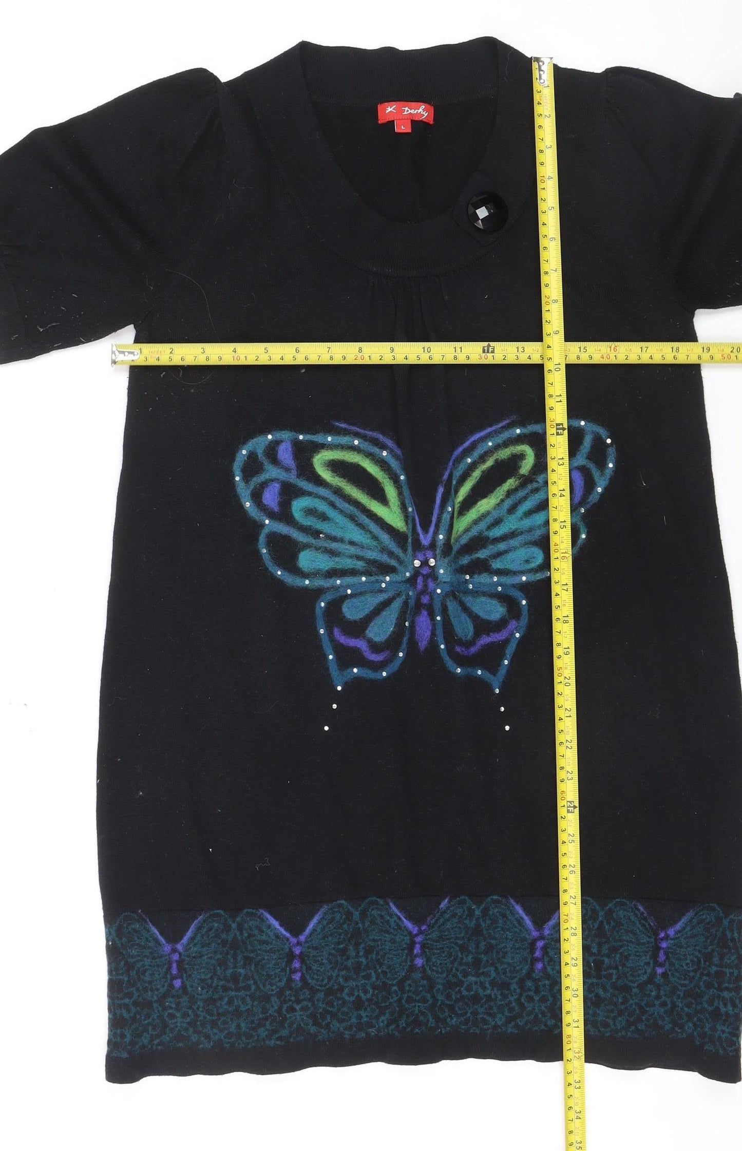 Derhy Women Black Wool Tunic Jumper L Butterfly Print Short Sleeve