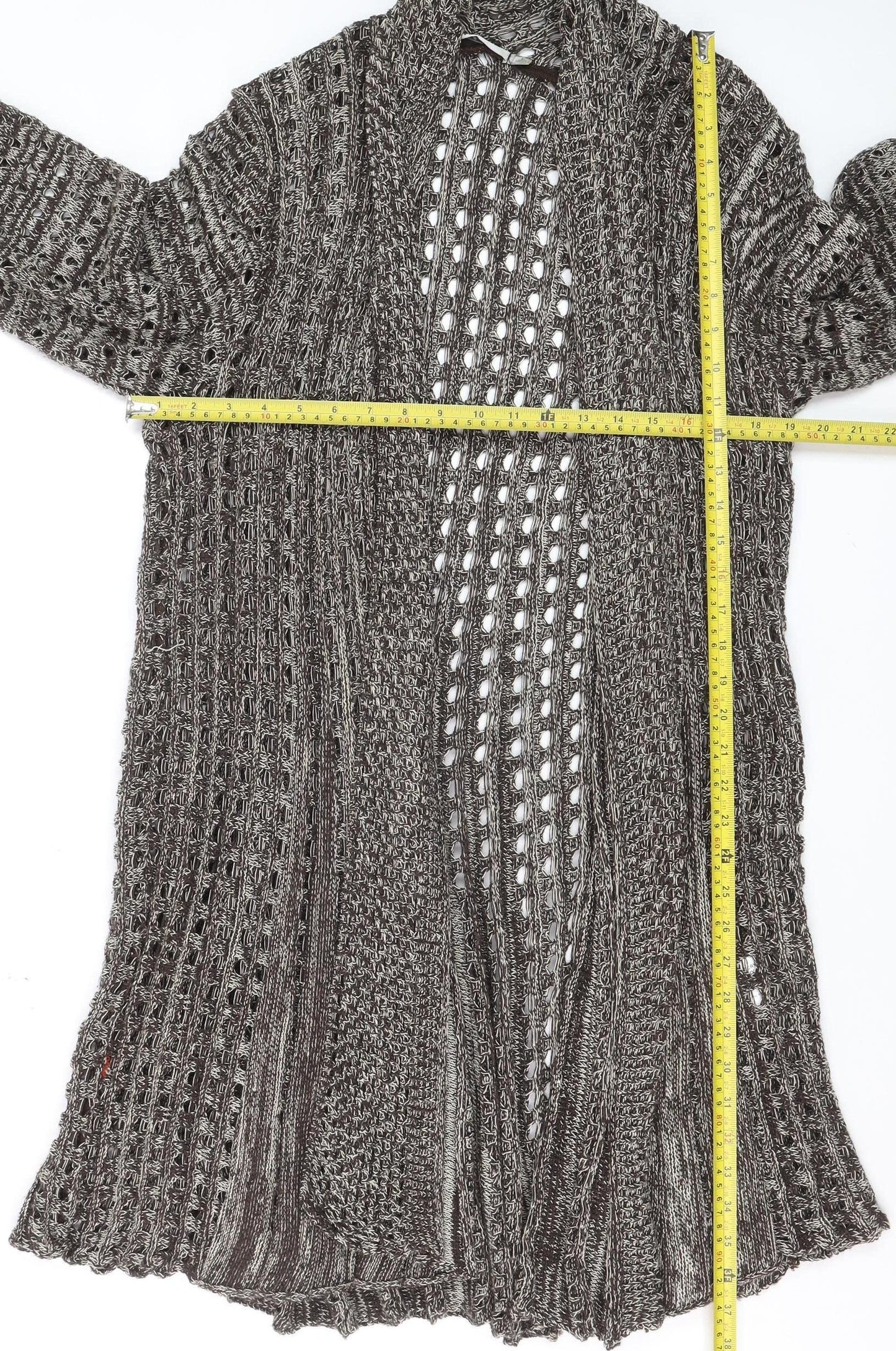 Isle Women’s Brown Open-Knit Long Cardigan L 18-20 Acrylic Cotton Blend