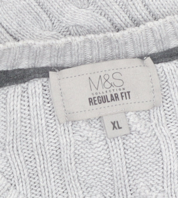 Marks and Spencer Men’s Grey XL Cable-Knit Cotton Crew Neck Jumper