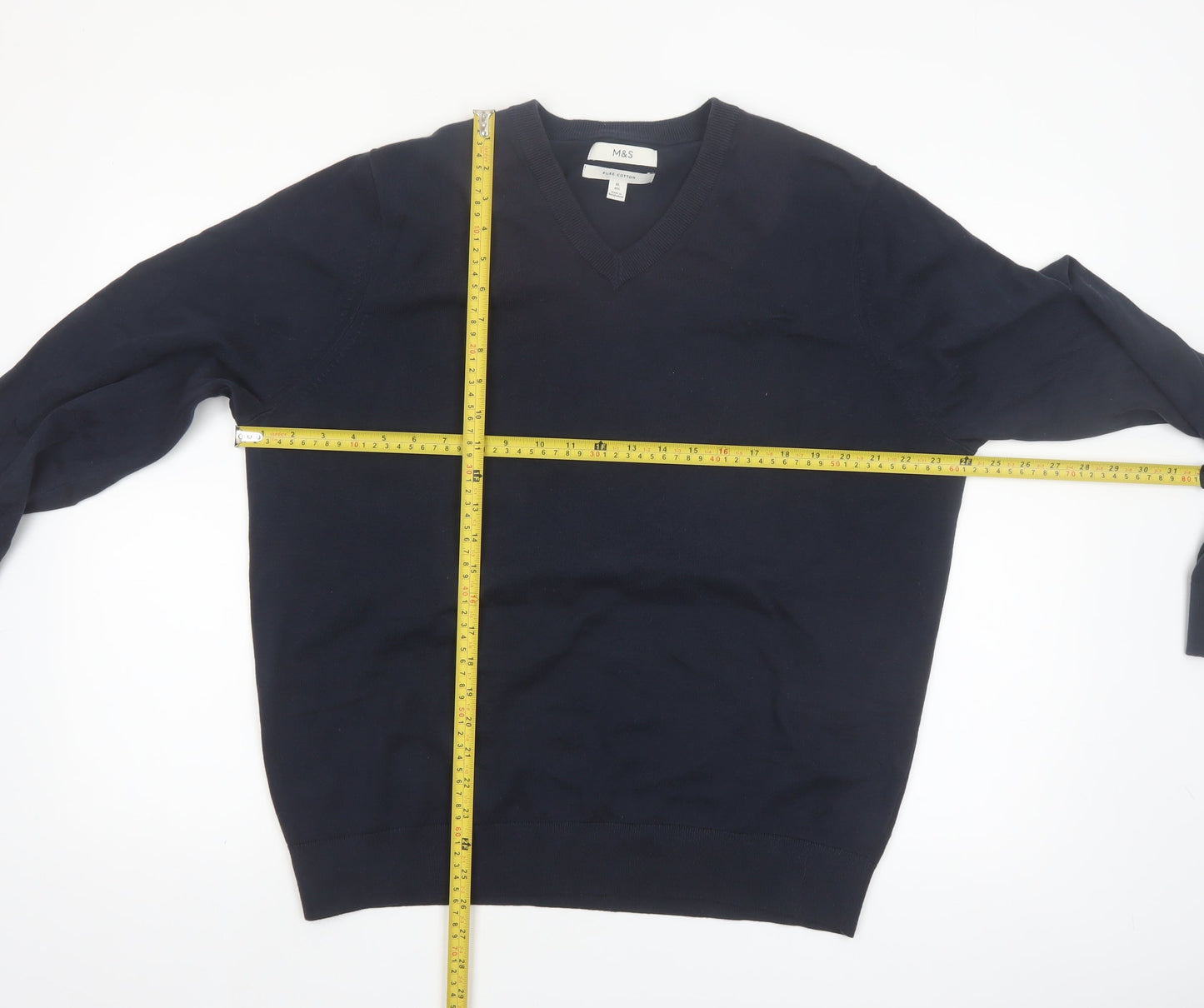 Marks and Spencer Men's Blue XL V-Neck Pure Cotton Jumper