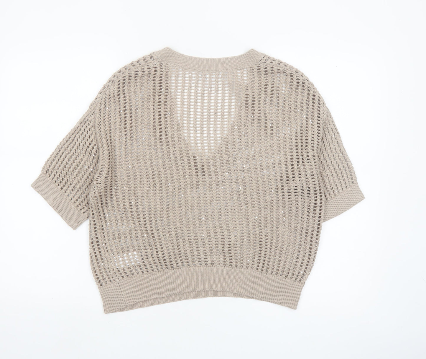 The White Company Women Beige Open-Knit V-Neck Jumper M Organic Cotton