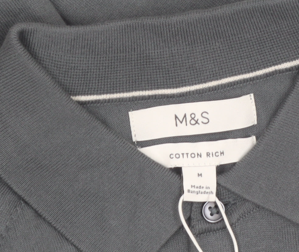 Marks and Spencer Men's Grey Cotton Collared Pullover Jumper M