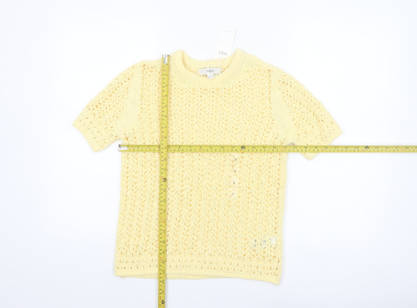 Marks and Spencer Women Yellow Crochet Short Sleeve Cotton Blend Top Size S