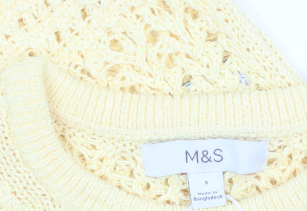 Marks and Spencer Women Yellow Crochet Short Sleeve Cotton Blend Top Size S