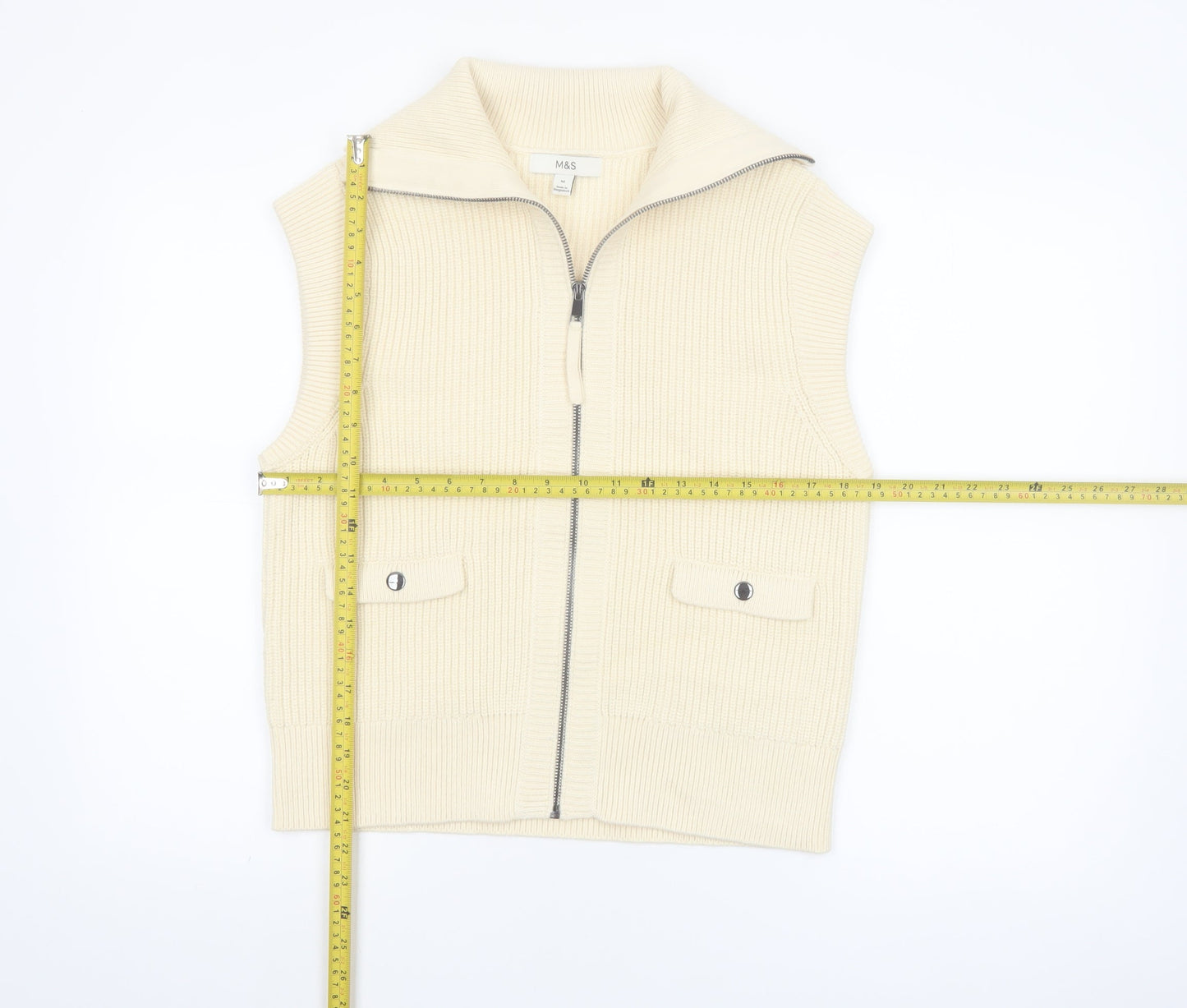 Marks and Spencer Women's Beige Knit Full Zip Sleeveless Vest M