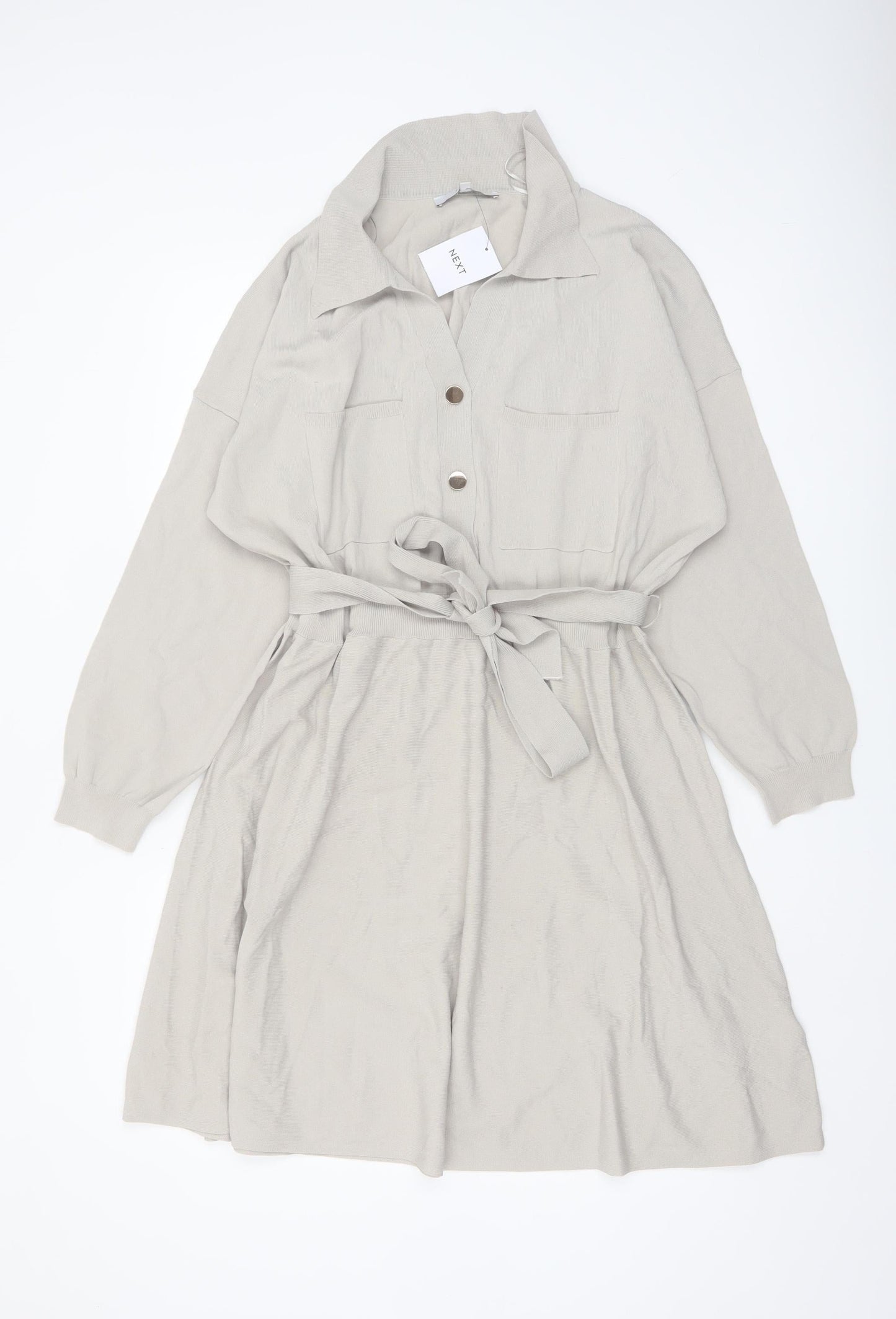 Next Women Beige XL Shirt Dress Collared Belted Long Sleeve Knit