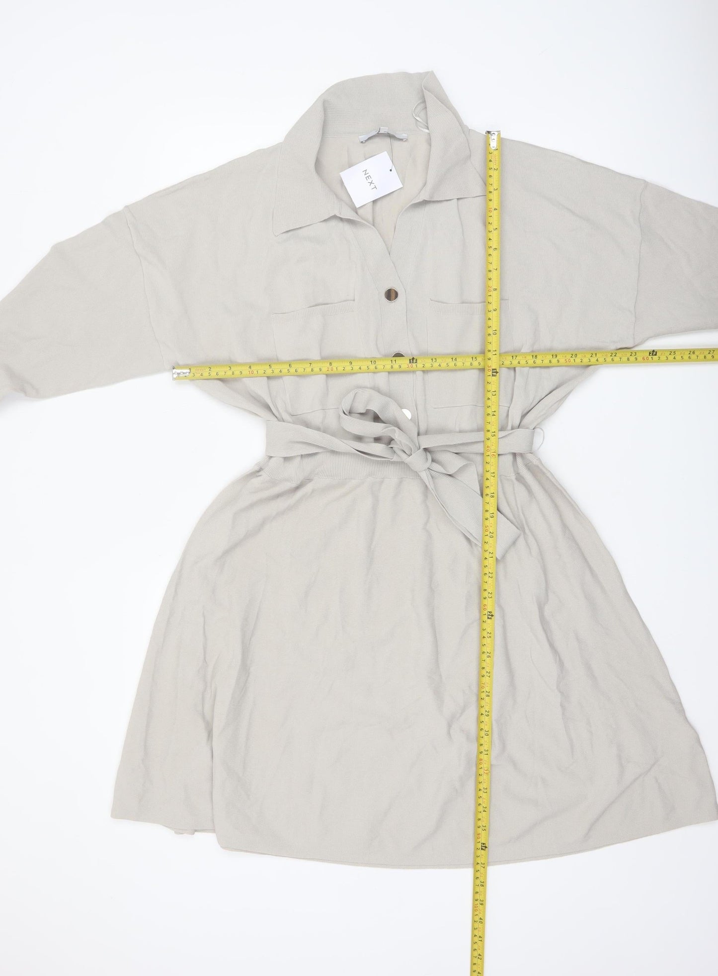 Next Women Beige XL Shirt Dress Collared Belted Long Sleeve Knit