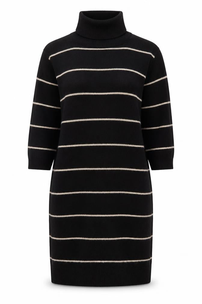 Mango Women Black Striped Knit Jumper Dress Size 12 Roll Neck