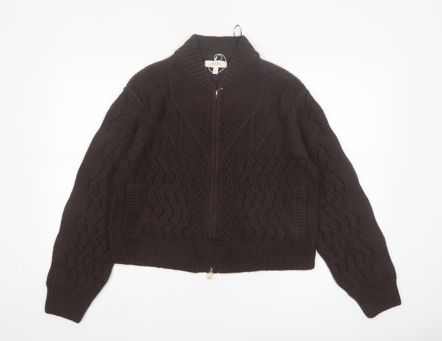 Marks and Spencer Per Una Brown Cable-Knit Full Zip Wool Blend Jumper Size 12