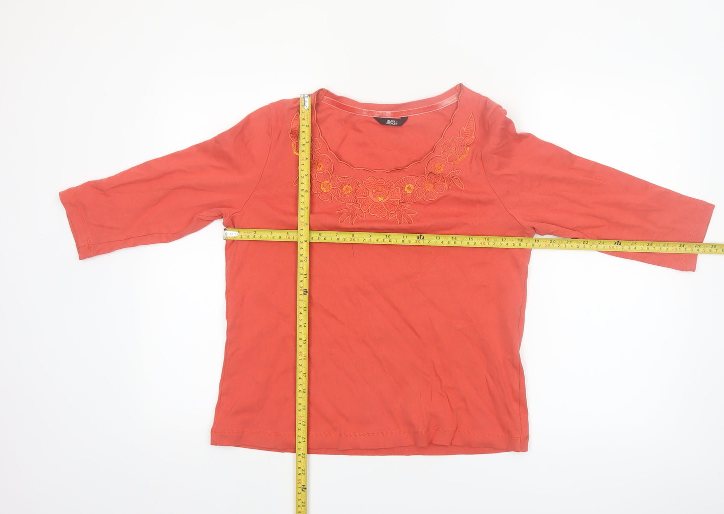 Marks and Spencer Women's Orange Embroidered Cotton 3/4 Sleeve Blouse Size 14