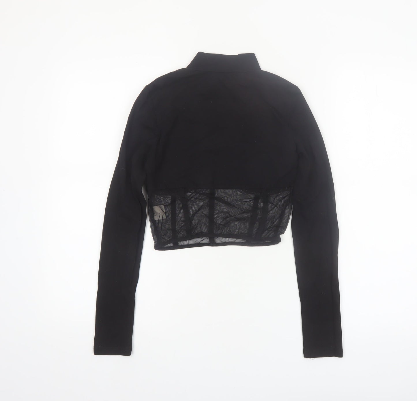 Urbanic Women's Black Cropped Mesh Panel Long Sleeve High Neck Top